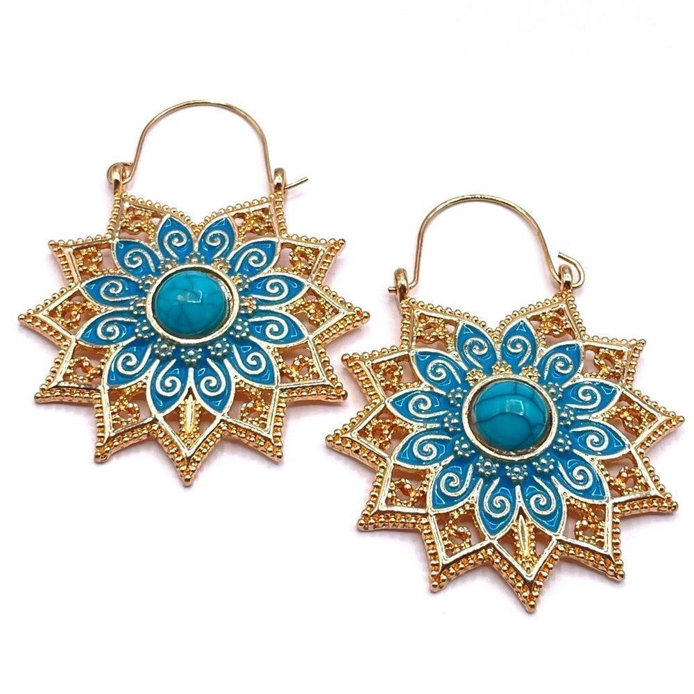 Yellow Gold with Turquoise and Blue Oil Drip Flower Drop Hinge Hook Earrings
